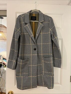 Sanctuary Black and Cream Checked Long Blazer Coat